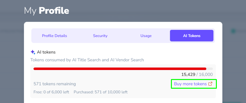 AI Title Search: Find Amazon Products Without UPC/EANs or ASINs 1 AI Title Search Tokens usage shown in dashboard. Also showing remaining free and purchased tokens with an option to buy more